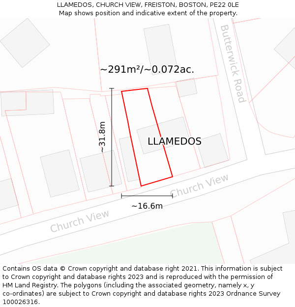 LLAMEDOS, CHURCH VIEW, FREISTON, BOSTON, PE22 0LE: Plot and title map