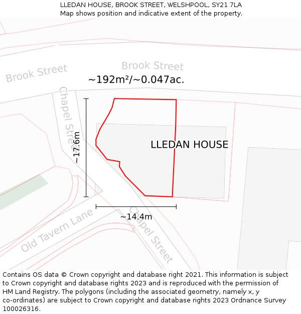 LLEDAN HOUSE, BROOK STREET, WELSHPOOL, SY21 7LA: Plot and title map