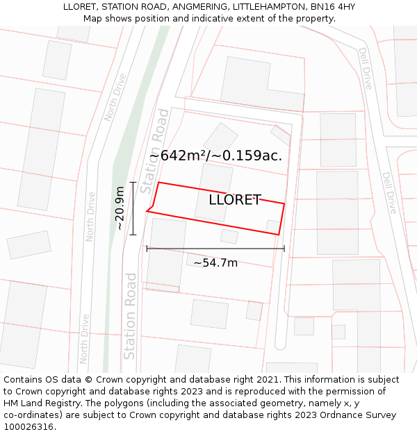 LLORET, STATION ROAD, ANGMERING, LITTLEHAMPTON, BN16 4HY: Plot and title map