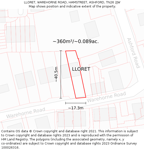 LLORET, WAREHORNE ROAD, HAMSTREET, ASHFORD, TN26 2JW: Plot and title map