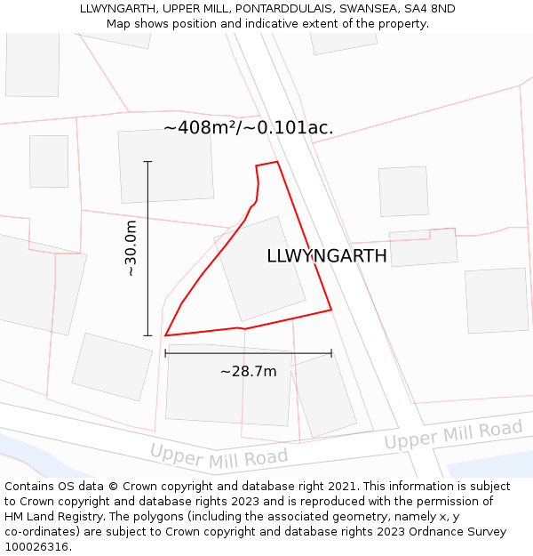 LLWYNGARTH, UPPER MILL, PONTARDDULAIS, SWANSEA, SA4 8ND: Plot and title map