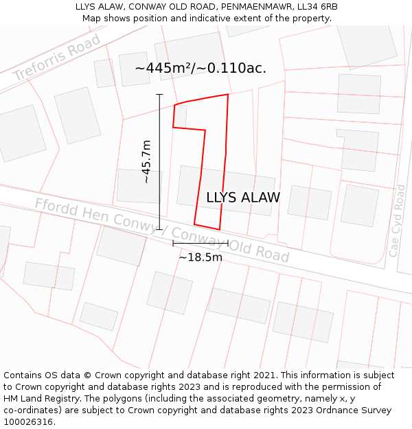 LLYS ALAW, CONWAY OLD ROAD, PENMAENMAWR, LL34 6RB: Plot and title map