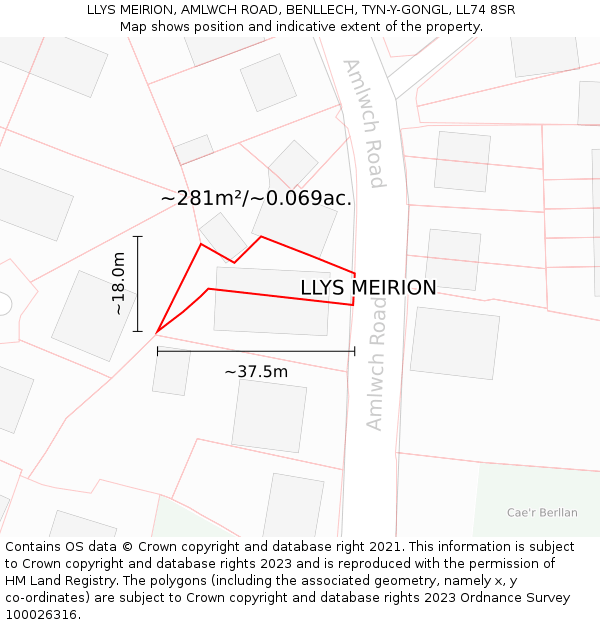 LLYS MEIRION, AMLWCH ROAD, BENLLECH, TYN-Y-GONGL, LL74 8SR: Plot and title map