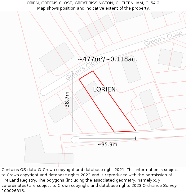 LORIEN, GREENS CLOSE, GREAT RISSINGTON, CHELTENHAM, GL54 2LJ: Plot and title map