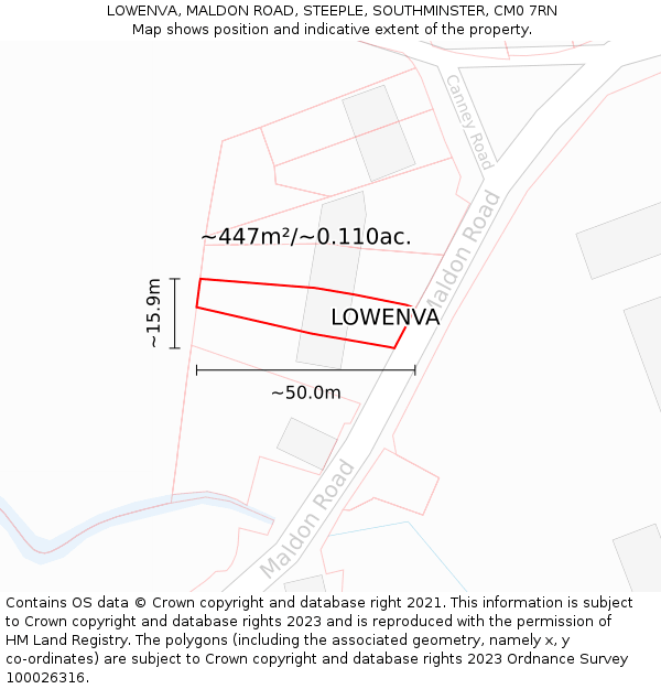 LOWENVA, MALDON ROAD, STEEPLE, SOUTHMINSTER, CM0 7RN: Plot and title map