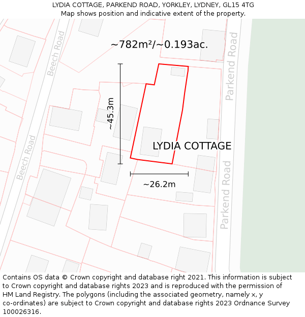 LYDIA COTTAGE, PARKEND ROAD, YORKLEY, LYDNEY, GL15 4TG: Plot and title map