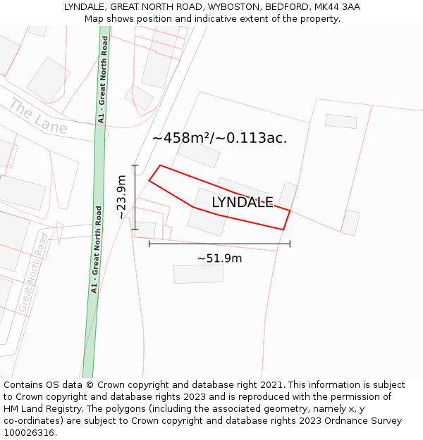 LYNDALE, GREAT NORTH ROAD, WYBOSTON, BEDFORD, MK44 3AA: Plot and title map