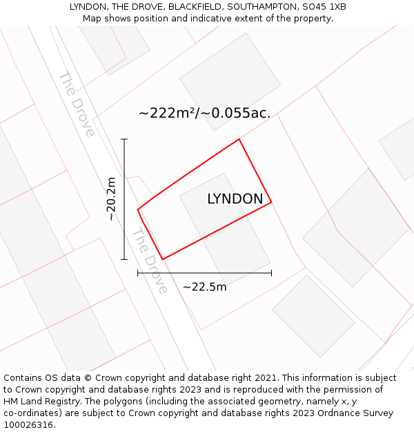 LYNDON, THE DROVE, BLACKFIELD, SOUTHAMPTON, SO45 1XB: Plot and title map