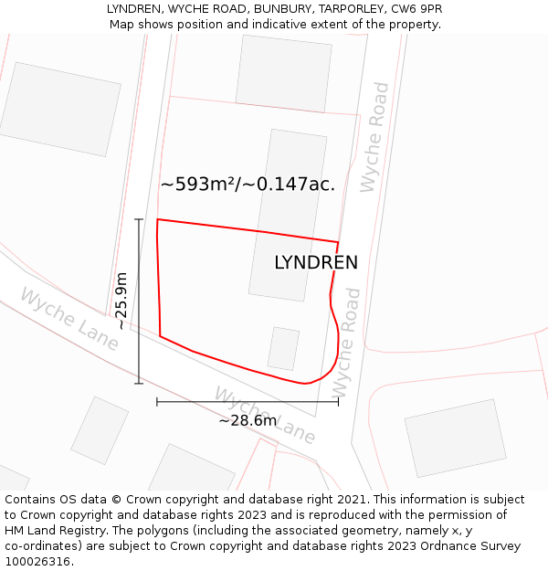 LYNDREN, WYCHE ROAD, BUNBURY, TARPORLEY, CW6 9PR: Plot and title map