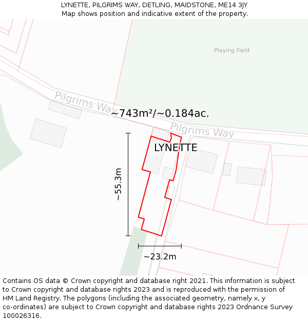 LYNETTE, PILGRIMS WAY, DETLING, MAIDSTONE, ME14 3JY: Plot and title map