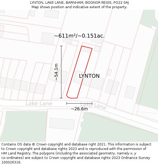 LYNTON, LAKE LANE, BARNHAM, BOGNOR REGIS, PO22 0AJ: Plot and title map