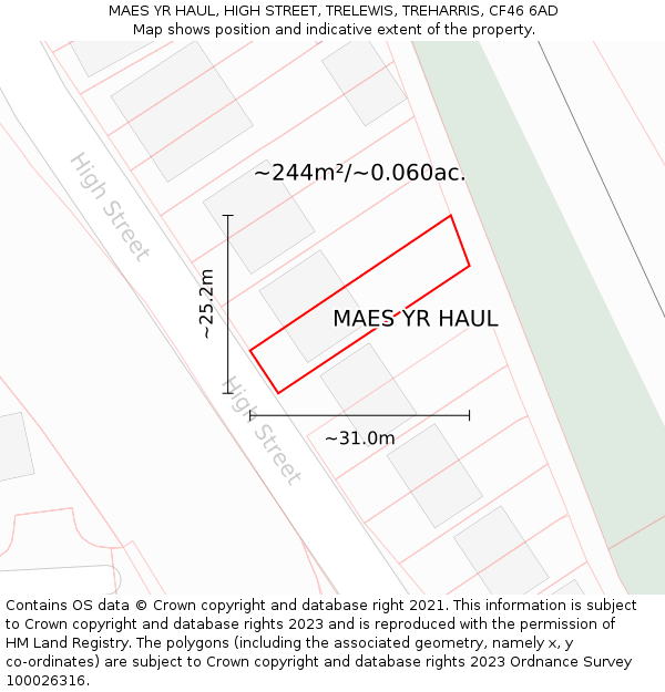 MAES YR HAUL, HIGH STREET, TRELEWIS, TREHARRIS, CF46 6AD: Plot and title map