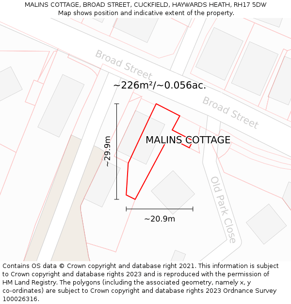 MALINS COTTAGE, BROAD STREET, CUCKFIELD, HAYWARDS HEATH, RH17 5DW: Plot and title map