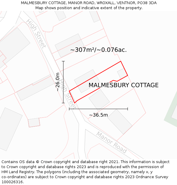 MALMESBURY COTTAGE, MANOR ROAD, WROXALL, VENTNOR, PO38 3DA: Plot and title map