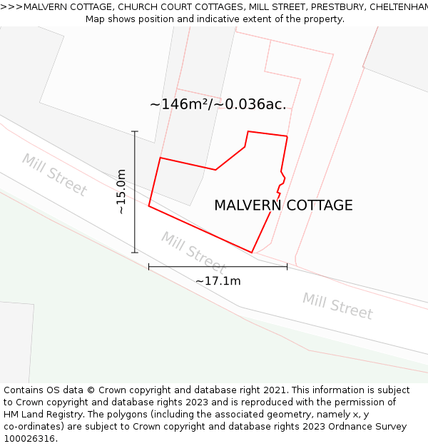 MALVERN COTTAGE, CHURCH COURT COTTAGES, MILL STREET, PRESTBURY, CHELTENHAM, GL52 3BG: Plot and title map