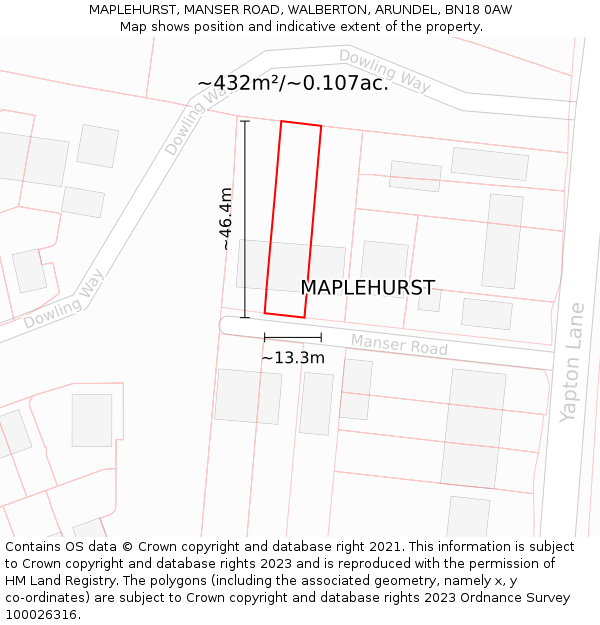 MAPLEHURST, MANSER ROAD, WALBERTON, ARUNDEL, BN18 0AW: Plot and title map