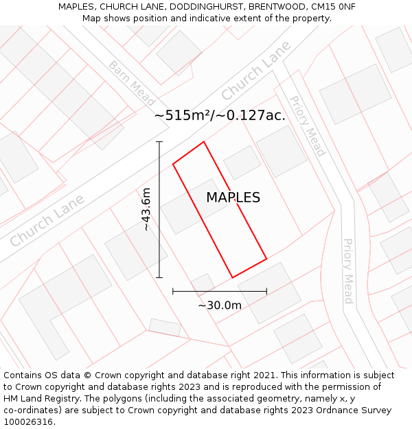 MAPLES, CHURCH LANE, DODDINGHURST, BRENTWOOD, CM15 0NF: Plot and title map