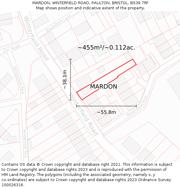 MARDON, WINTERFIELD ROAD, PAULTON, BRISTOL, BS39 7RF: Plot and title map