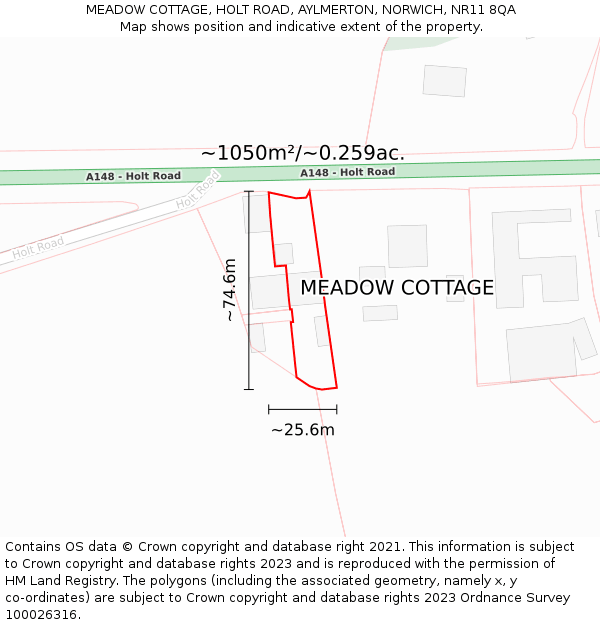 MEADOW COTTAGE, HOLT ROAD, AYLMERTON, NORWICH, NR11 8QA: Plot and title map