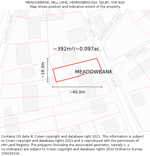 MEADOWBANK, MILL LANE, HEMINGBROUGH, SELBY, YO8 6QX: Plot and title map