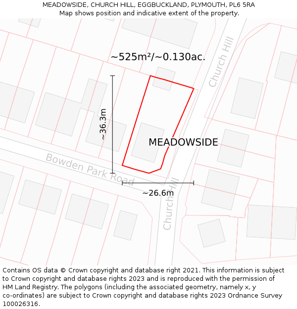 MEADOWSIDE, CHURCH HILL, EGGBUCKLAND, PLYMOUTH, PL6 5RA: Plot and title map