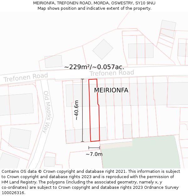 MEIRIONFA, TREFONEN ROAD, MORDA, OSWESTRY, SY10 9NU: Plot and title map