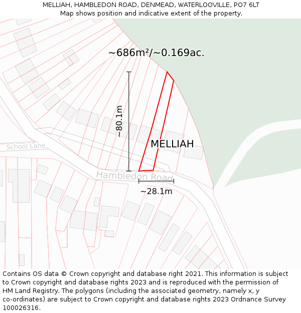 MELLIAH, HAMBLEDON ROAD, DENMEAD, WATERLOOVILLE, PO7 6LT: Plot and title map