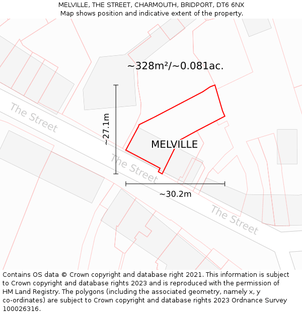 MELVILLE, THE STREET, CHARMOUTH, BRIDPORT, DT6 6NX: Plot and title map