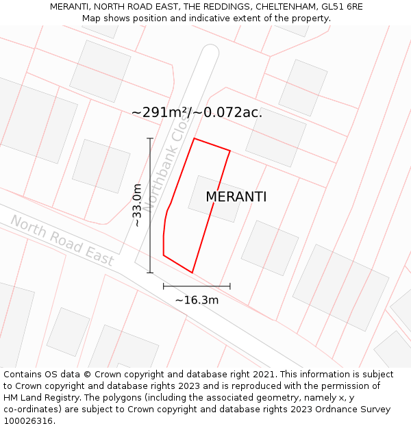 MERANTI, NORTH ROAD EAST, THE REDDINGS, CHELTENHAM, GL51 6RE: Plot and title map