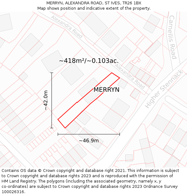 MERRYN, ALEXANDRA ROAD, ST IVES, TR26 1BX: Plot and title map