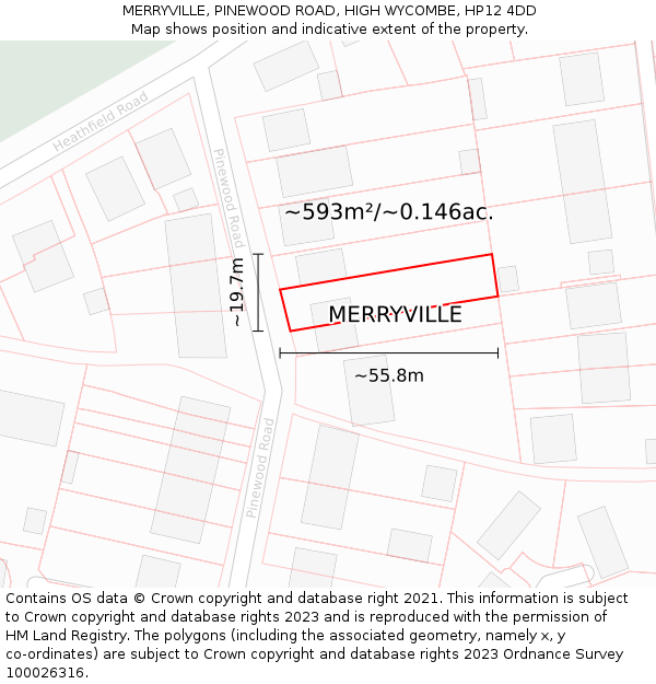 MERRYVILLE, PINEWOOD ROAD, HIGH WYCOMBE, HP12 4DD: Plot and title map