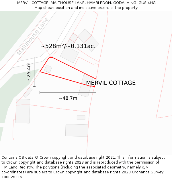 MERVIL COTTAGE, MALTHOUSE LANE, HAMBLEDON, GODALMING, GU8 4HG: Plot and title map