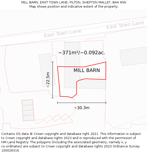 MILL BARN, EAST TOWN LANE, PILTON, SHEPTON MALLET, BA4 4NX: Plot and title map