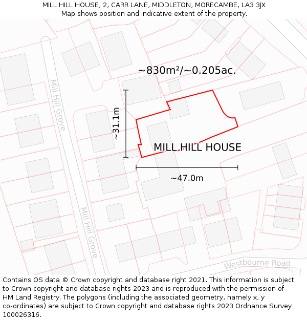 MILL HILL HOUSE, 2, CARR LANE, MIDDLETON, MORECAMBE, LA3 3JX: Plot and title map