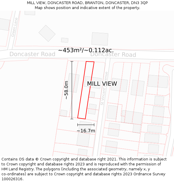 MILL VIEW, DONCASTER ROAD, BRANTON, DONCASTER, DN3 3QP: Plot and title map