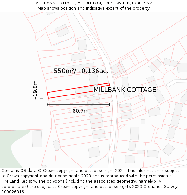 MILLBANK COTTAGE, MIDDLETON, FRESHWATER, PO40 9NZ: Plot and title map