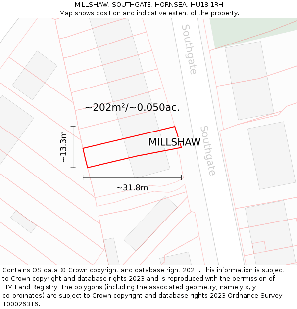 MILLSHAW, SOUTHGATE, HORNSEA, HU18 1RH: Plot and title map