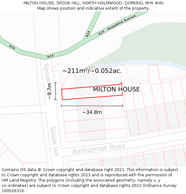 MILTON HOUSE, SPOOK HILL, NORTH HOLMWOOD, DORKING, RH5 4HN: Plot and title map