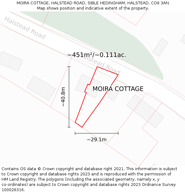 MOIRA COTTAGE, HALSTEAD ROAD, SIBLE HEDINGHAM, HALSTEAD, CO9 3AN: Plot and title map