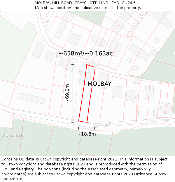 MOLBAY, HILL ROAD, GRAYSHOTT, HINDHEAD, GU26 6HL: Plot and title map