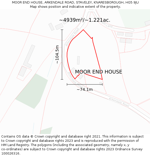 MOOR END HOUSE, ARKENDALE ROAD, STAVELEY, KNARESBOROUGH, HG5 9JU: Plot and title map