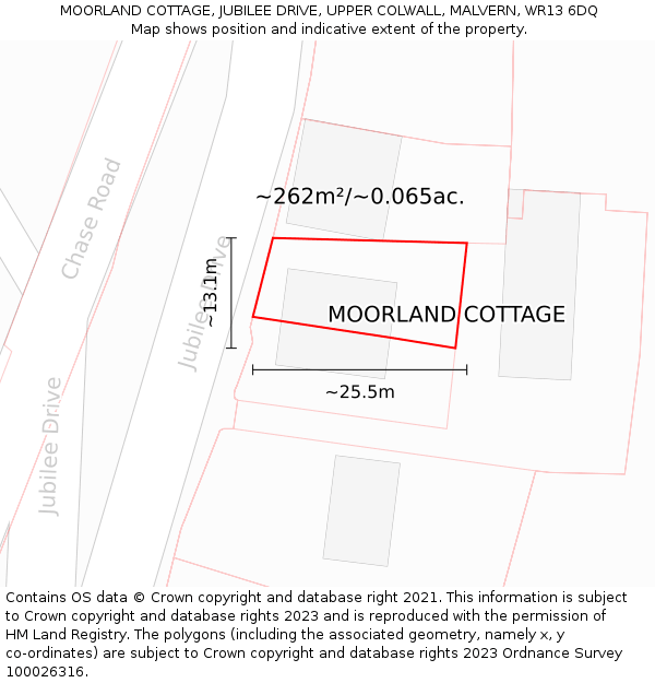 MOORLAND COTTAGE, JUBILEE DRIVE, UPPER COLWALL, MALVERN, WR13 6DQ: Plot and title map