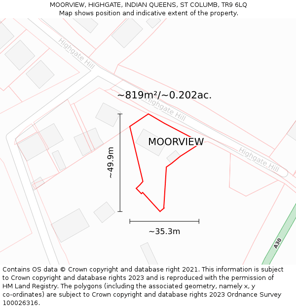 MOORVIEW, HIGHGATE, INDIAN QUEENS, ST COLUMB, TR9 6LQ: Plot and title map