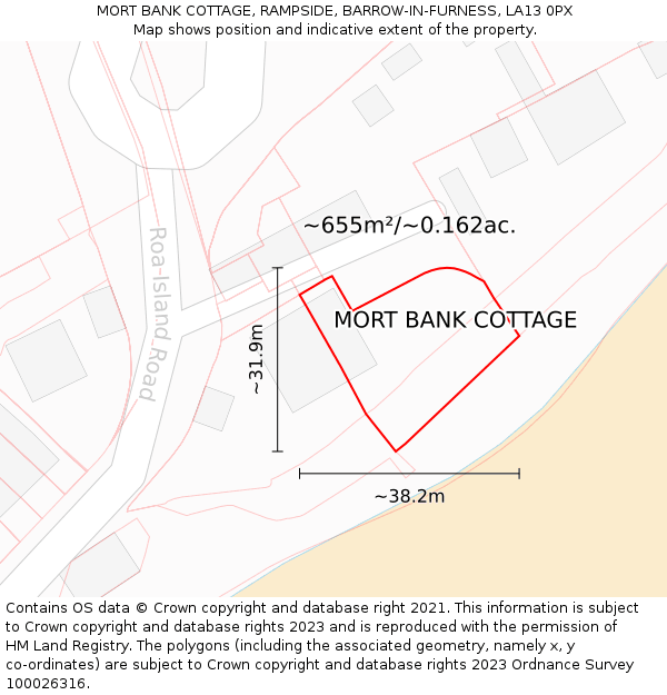 MORT BANK COTTAGE, RAMPSIDE, BARROW-IN-FURNESS, LA13 0PX: Plot and title map