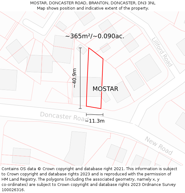 MOSTAR, DONCASTER ROAD, BRANTON, DONCASTER, DN3 3NL: Plot and title map