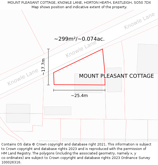 MOUNT PLEASANT COTTAGE, KNOWLE LANE, HORTON HEATH, EASTLEIGH, SO50 7DX: Plot and title map