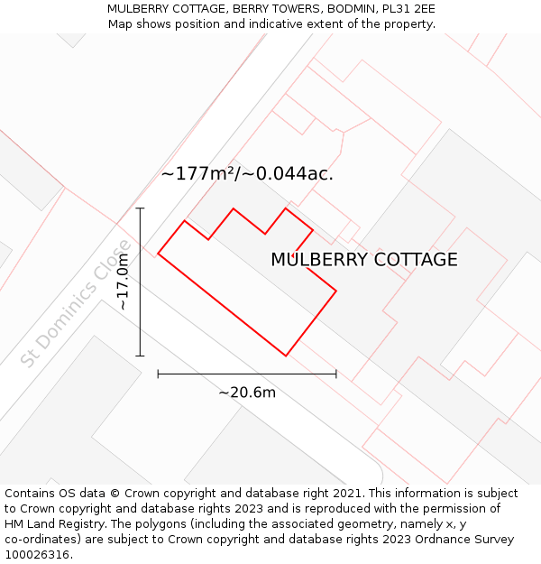 MULBERRY COTTAGE, BERRY TOWERS, BODMIN, PL31 2EE: Plot and title map