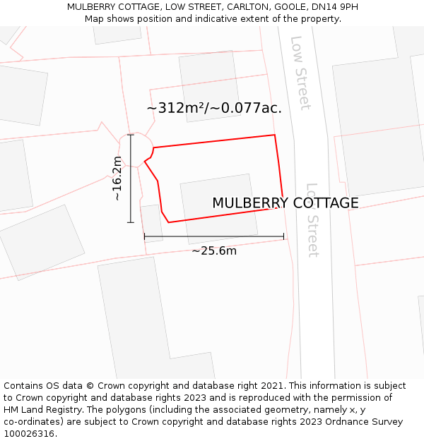 MULBERRY COTTAGE, LOW STREET, CARLTON, GOOLE, DN14 9PH: Plot and title map