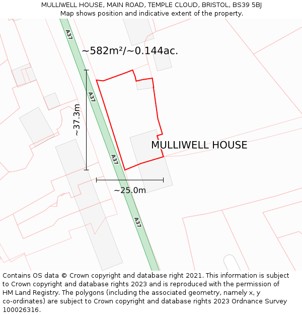 MULLIWELL HOUSE, MAIN ROAD, TEMPLE CLOUD, BRISTOL, BS39 5BJ: Plot and title map