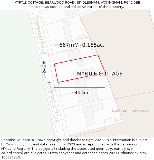 MYRTLE COTTAGE, BEARWOOD ROAD, SINDLESHAM, WOKINGHAM, RG41 5BB: Plot and title map